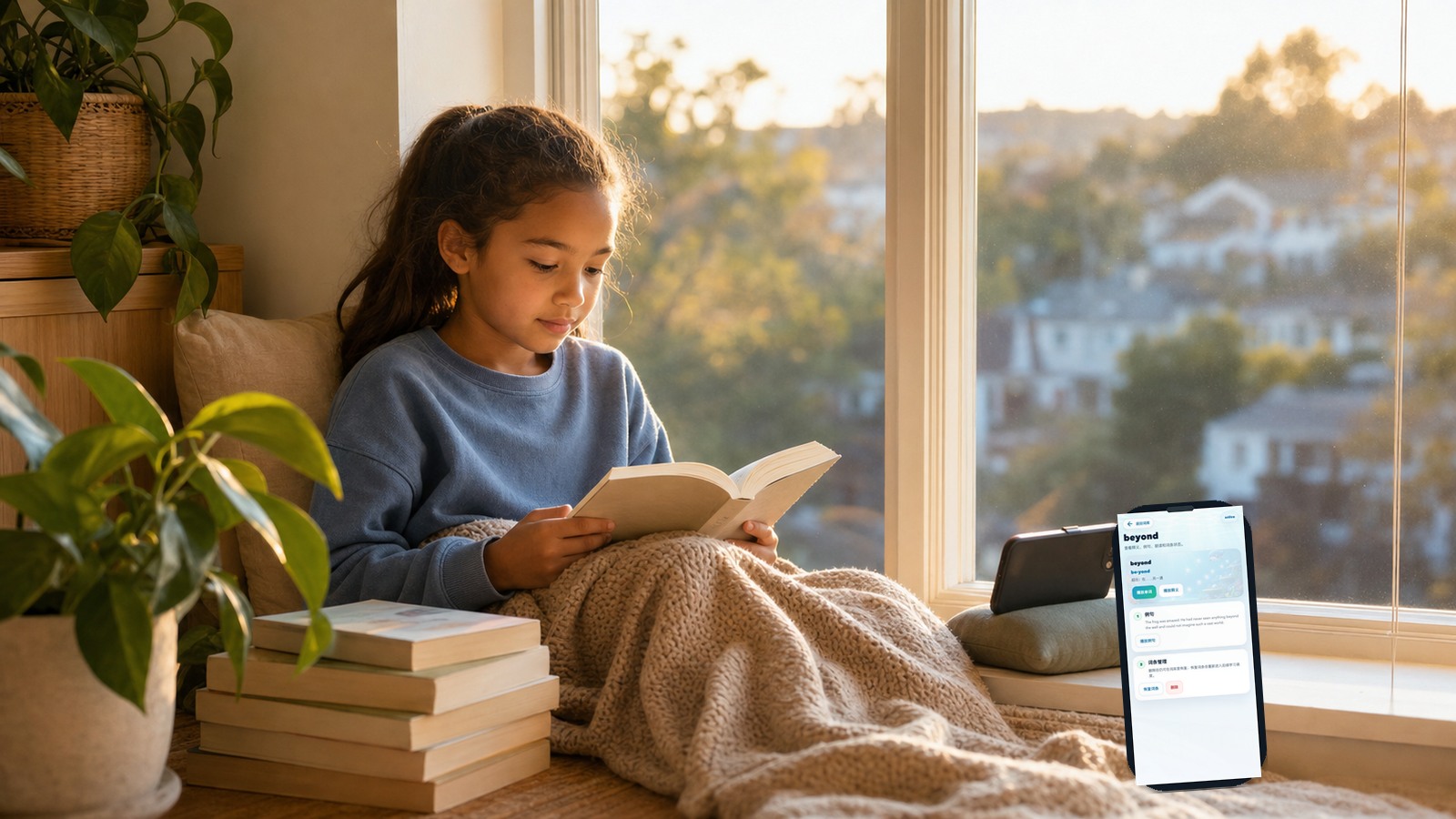 A parent and child reading an English chapter book together at home