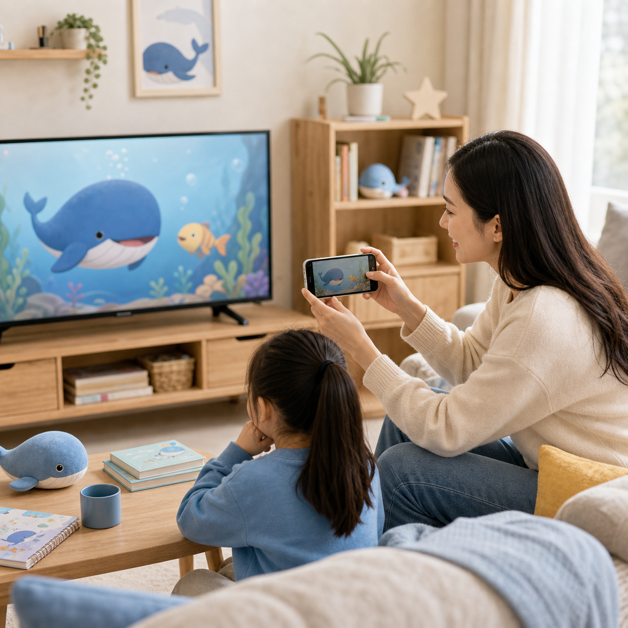 孩子在家看動畫時學習畫面裏的英文