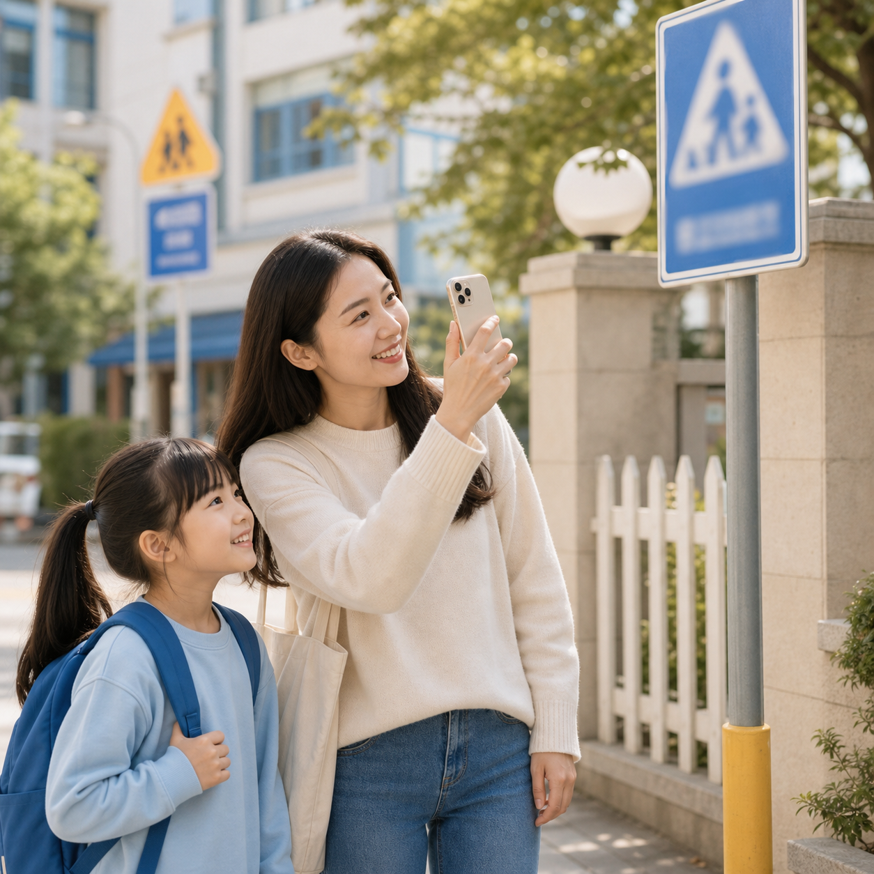 家長和孩子在路上觀察英文標識