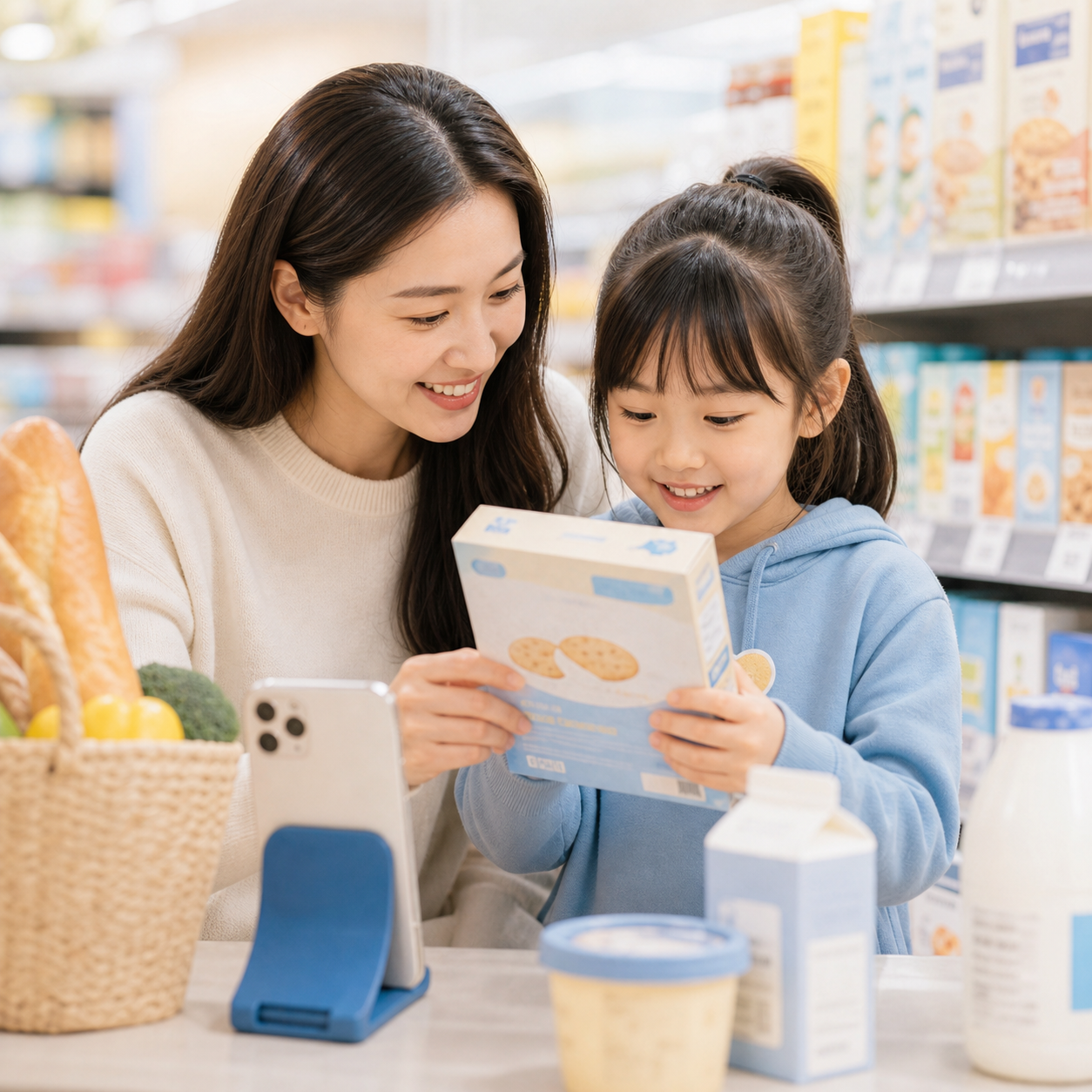 家長和孩子查看超市包裝上的英文